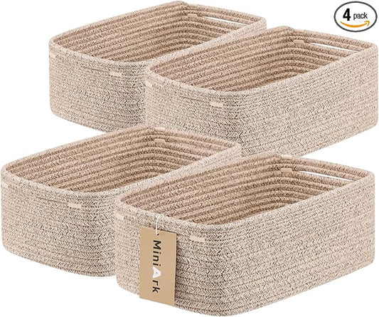 MiniArk Small Storage Baskets for Organizing | Closet Organizer Bins | Shelf Toy Basket | Woven Rope Baskets | Cube Decorative Box | Shallow Basket | 13x8.5x5.1” | 4 Packs Mixed Brown