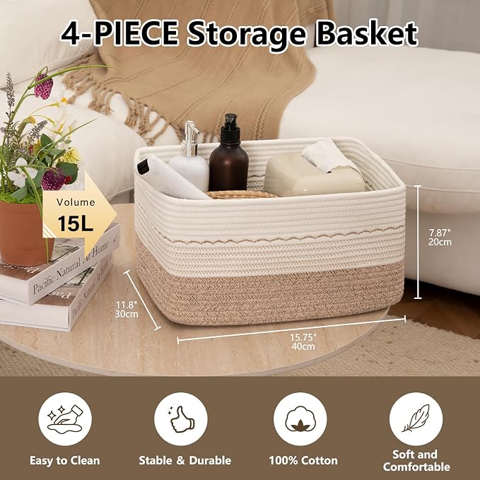 OIASKET 4 Pack Storage Baskets for Organizing, 15.75''x11.8''x7.87'', Decorative Cotton Rope Baskets for Shelves, Small Woven Basket for Toys, Books and Towels, Brown&White