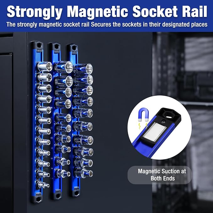 WORKPRO Magnetic Socket Organizer Set, 3-Piece 1/4” 3/8” 1/2” Socket Rails | 1/4-Inch x 12 Clips, 3/8-Inch x 10 Clips, 1/2-Inch x 10 Clips, Aluminum Alloy, Rotatable & Movable Clips, Efficient Storage