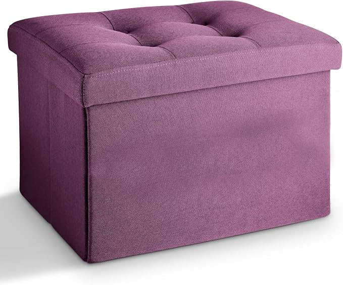 LINMAGCO Storage Ottoman Folding Foot Stool Foot Rest with Side Pocket Modern Ottoman with Storage Short Sofa Stool Linen Cloth 17x13x13(Purple)