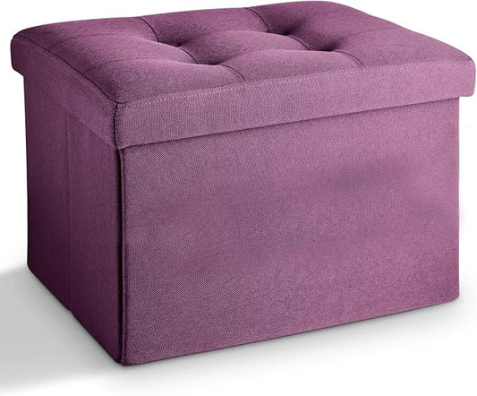 LINMAGCO Storage Ottoman Folding Foot Stool Foot Rest with Side Pocket Modern Ottoman with Storage Short Sofa Stool Linen Cloth 17x13x13(Purple)