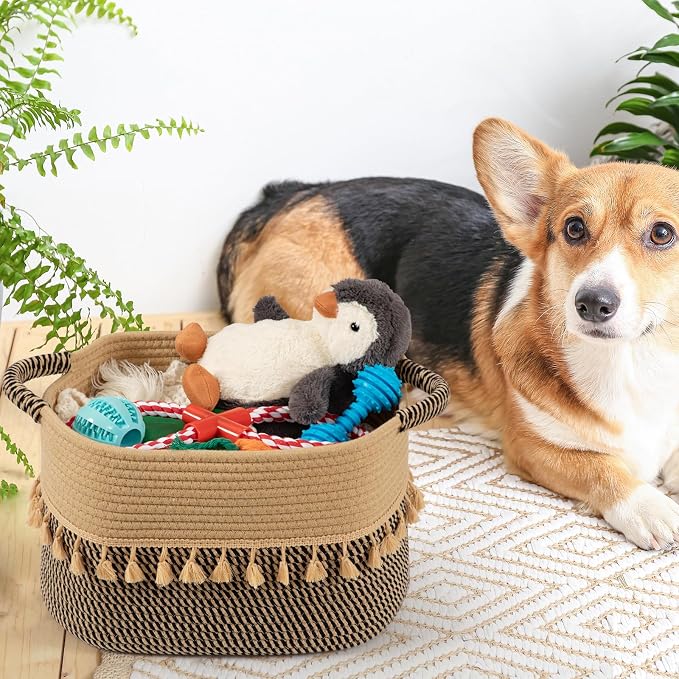 TeoKJ Set of 2 Baskets for Organizing, Decorative Rope Baskets for Storage, Storage for Pets, books, Pillows, Toys & Cloths, Black & Jute