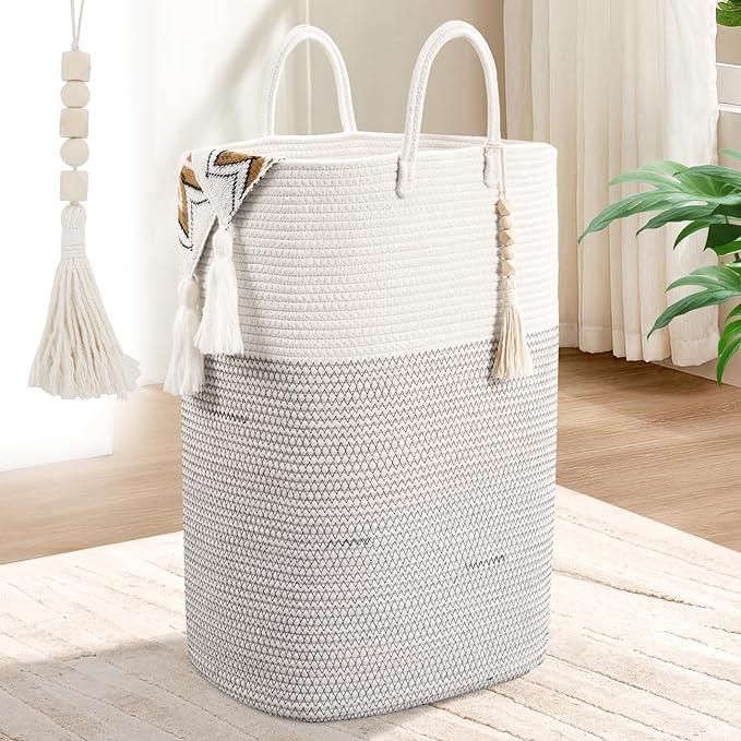 Woven Laundry Basket for Clothes, 100 L Large Rectangle Laundry Hampers with Beads Tassel, Nursery Storage Basket for Toys, Tall Dirty Clothes Hamper for Bedroom Aesthetic, Laundry Room Organization