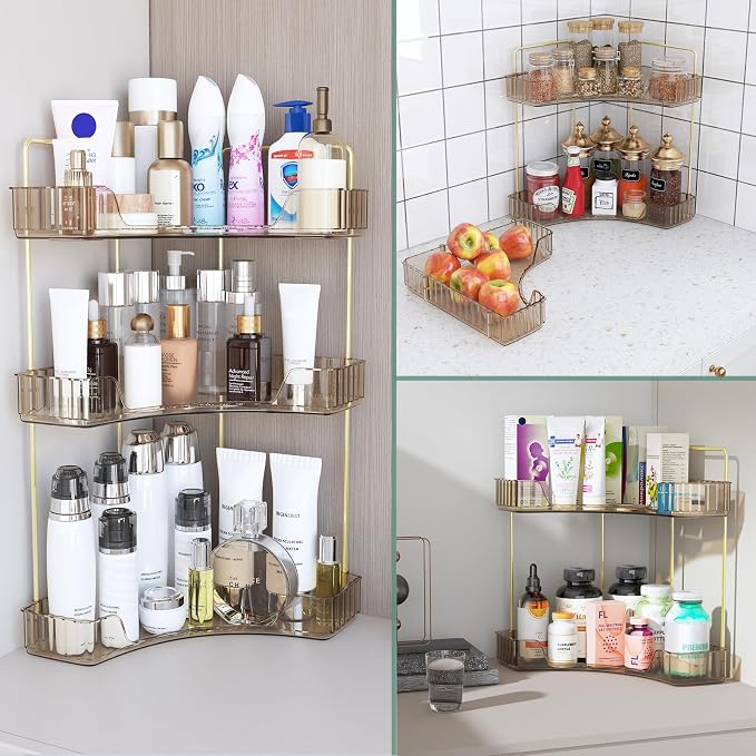Webetop 3 Tier Corner Bathroom Organizer Countertop for Skincare & Dresser | Multi-Purpose For Toiletries/Perfume, Easy Wipe-Clean Surface, Stable Triangular Base, Generous Shelf Depth, Modern Look
