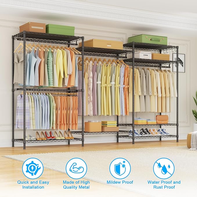 E13 Max Heavy Duty Clothes Rack（With 4 Hanger Rods & 8 Shelves） Freestanding Clothing Racks for Hanging Clothes，Adjustable Closet，Metal Garment Rack 86" W x16 D x77 H，Max Load 1100LBS，Black