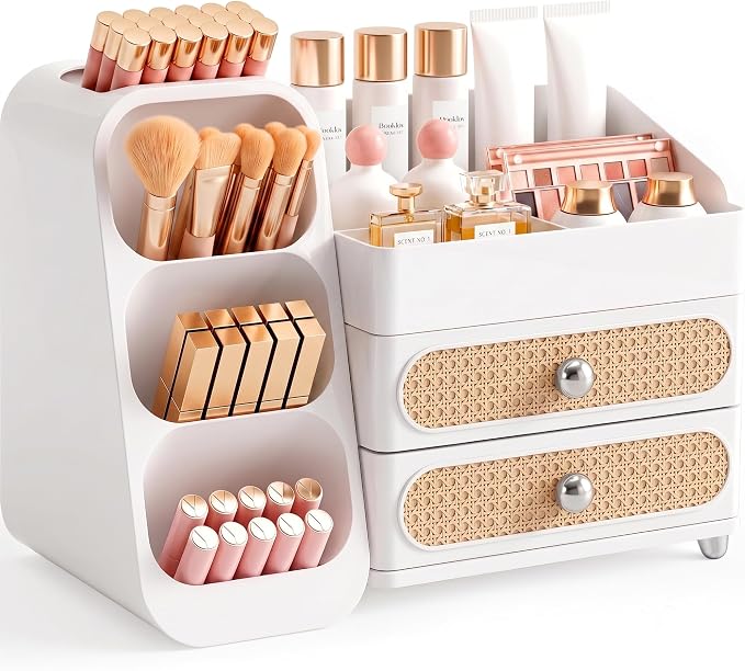Booklov Large Makeup Organizer for Vanity Countertop, White | Plastic Cosmetic Display Case with Drawers, Beauty Brush Holder for Bathroom Counter, Skin Care Perfumes Storage