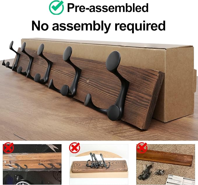 WEBI Coat Rack Wall Mount,30" Solid Wood Coat Hooks Wall Mounted Coat Hanger,16" Hole to Hole,Heavy Duty Hook Rack,5 Triple Hooks for Hanging Coats,Jacket,Hat,Backpack,Farmhouse,Brown,2 Packs