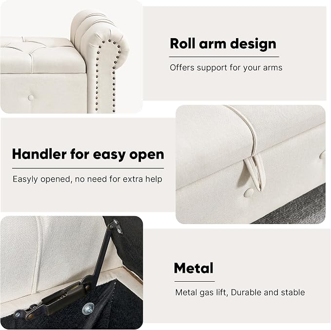 Storage Bench 67" Linen End of Bed Benches Beige | King Size Storage Bench for Bedroom with Rolled Arms Tufted Ottoman Benches Upholstered Bench for Living Room Entryway