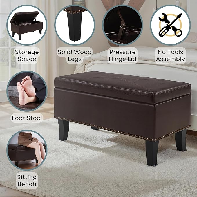 Convenience Concepts Designs4Comfort Winslow Storage Ottoman Bench 32" - Transitional Upholstered Footstool & Seat, for Living Room, Entryway, Hallway, & Bedroom, Espresso Vegan Leather