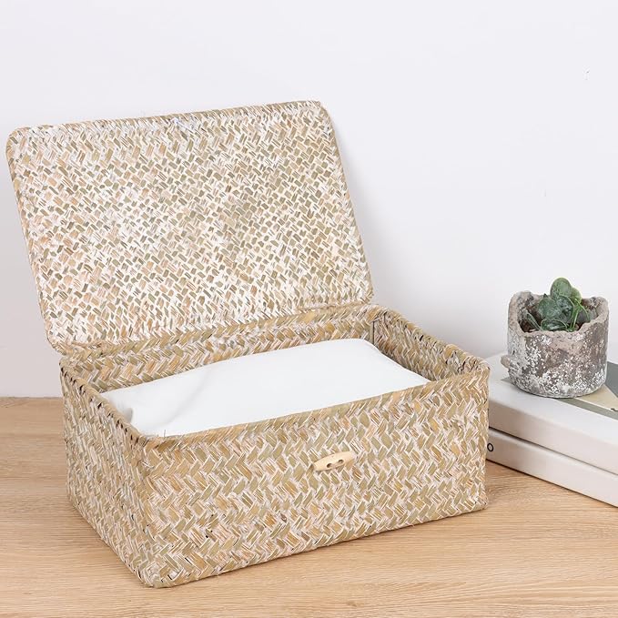 FEIALNDUO Wicker Shelf Baskets with Lid,Seagrass Storage Basket Bins Rectangular Handwoven Basket Boxes for Shelves Desktop Home Organizer (Whitewash, Medium)