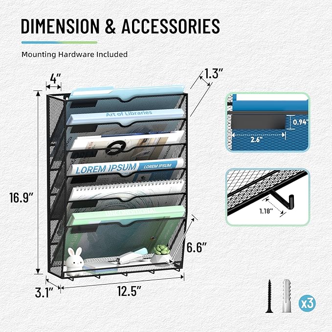 7-Tier Wall File Organizer with 5 Hooks, Wall Mounted Mail Organizer | File Holder Organizer, Metal Mesh Office Wall Organizer for Home, School & Classroom
