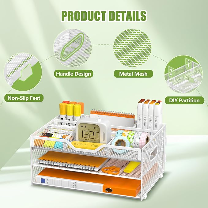3 Tier Metal Desk Organizer with Magazine File Holder, White | Space saving workspace desk file trays. Includes pencil holder and portable handles. Ideal for school and office supplies