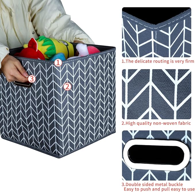 Fabric Cloth Storage Bins,Fabric Cube Organizer with Dual Handles Foldable Cube Storage Baskets for Home Bedroom Storage,Set of 3,(Grey Wave)