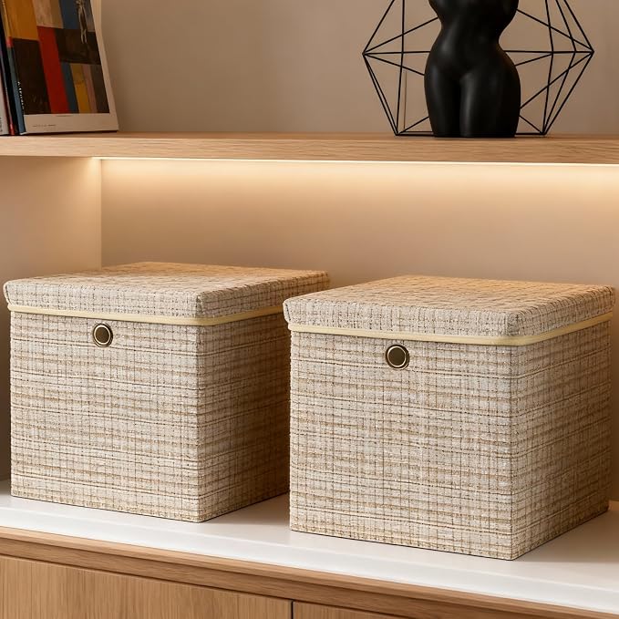 modscape 12x12x12 Collapsible Fabric Cube Storage Bins with Lids | Clothes storage bins for shelves, closet, bedroom. Decorative boxes with lids, treasure box for classroom(Shining Beige, 3)