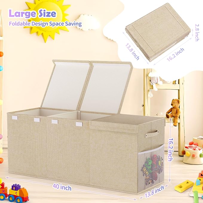 Extra Large Toy Box, Collapsible Toy Storage Organizer, 40"x16"x16", Beige | Sturdy Kids Toys Bin Chest with 2 Mesh Pockets and Dividers for Boys Girls, Bedroom & Living room Toy Organization