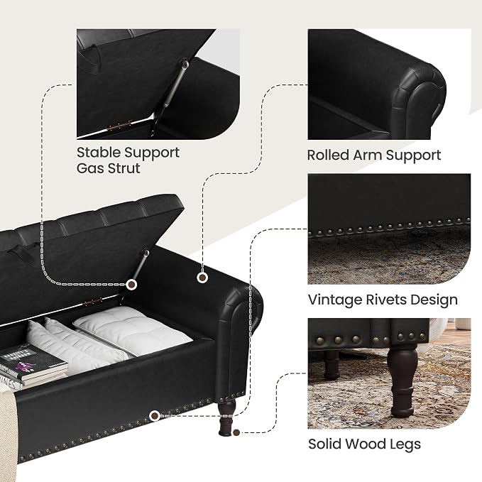 YOUDENOVA 60” Ottoman with Storage, Upholstered Storage Ottoman Bench with Rolled Arms, PU Leather Storage Bench for Bedroom, Living Room, Entryway, Black