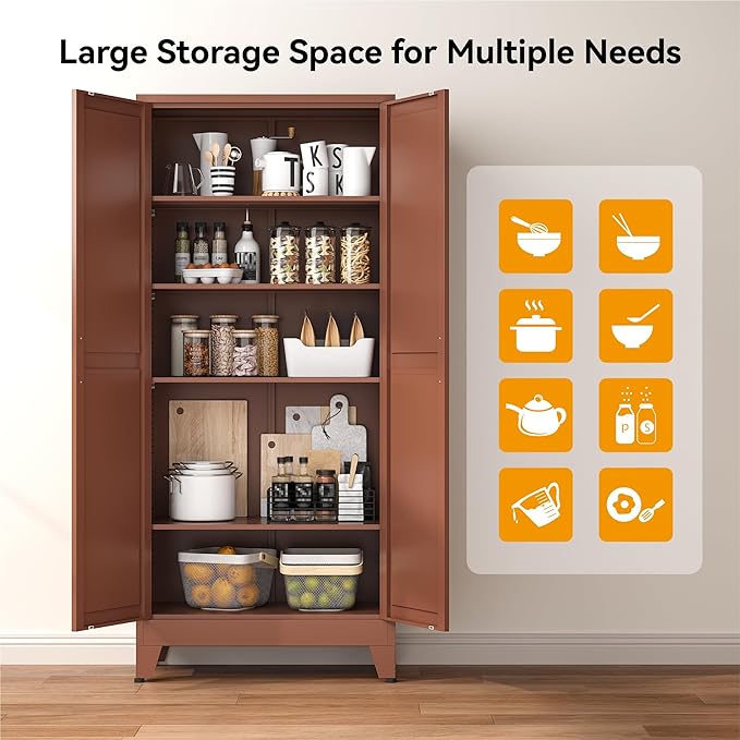 COFaR 71" Metal Pantry Cabinet in Brown, 5-Tier Storage with Adjustable Shelves, Metal-Tone Cupboard for Kitchen, Office & Living Room Organization