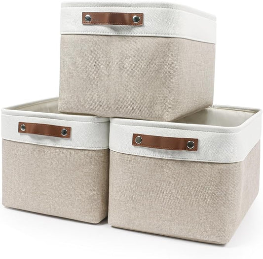 Bagnizer Storage Bins Large Fabric Storage Baskets for Shelves 3 Pack, Decorative Linen Closet Baskets with Handles for Organizing, Shelf, Clothes, Home, Office, 15x11x9.5Inches (Beige&White)