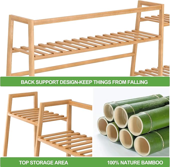 RELIANCER Bamboo Clothing Garment Rack,Free Standing Clothes Coat Hanger,Closet Organizer w/Shoe Rack,Multi-tiered Wardrobe Storage Shelves,Clothes Hanging Racks for Hall,Living Room,Bedroom,Entryway