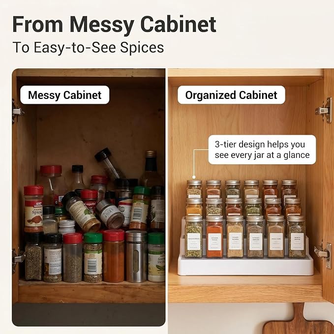 YAN & HIN 3 Tier Spice Rack Organizer for Cabinet, 3 Pack Non-Slip Spice Rack Shelf Organizer, Holds 24+ Jars, Plastic Spice Organizer for Cabinet, Pantry & Kitchen Countertop, White