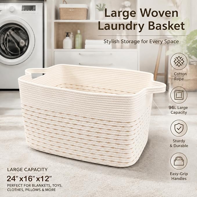96L Extra Large Cotton Rope Laundry Basket with Sturdy Handles | 24x16x15 Foldable Rectangular Blanket Basket for Toys, Clothes & Pillows,Ideal for Nursery, Bathroom, Bedroom, Living Room