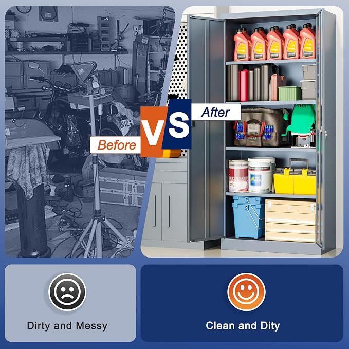 BESFUR Metal Storage Cabinet with 2 Doors and 4 Adjustable Shelves Garage Storage Cabinet with Lock 71" Office Storage Cabinets Locking Cabinets for Garage Office Shop Home (Gray)