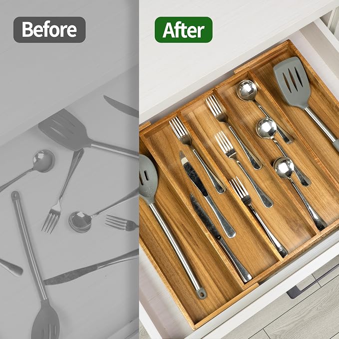 VaeFae Bamboo Drawer Organizer, Large, Acacia | Expandable Silverware Organizer, Kitchen Utensil Storage, Wooden Cutlery Tray with Dividers, Fork and Spoon Holder
