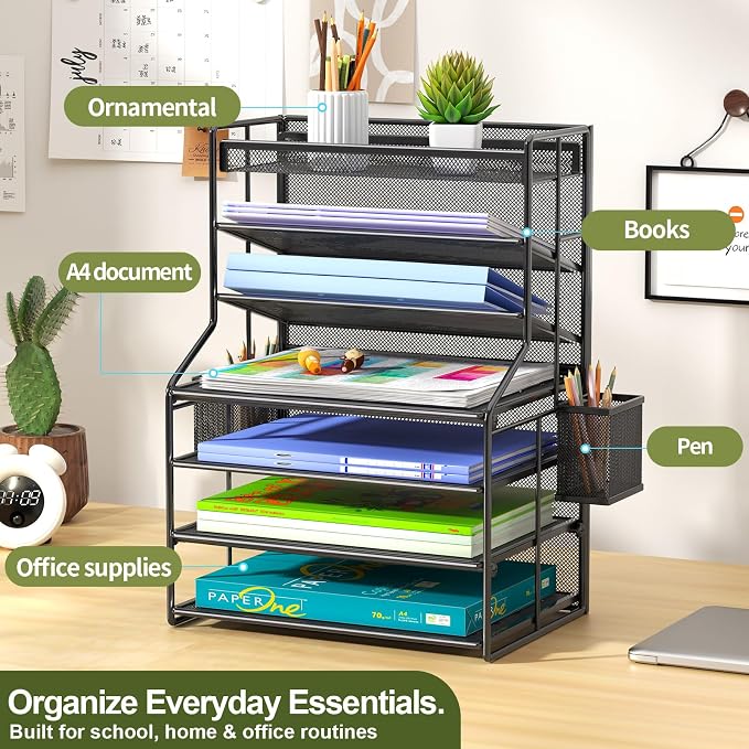 7 Tier Desk File Organizer, Black Metal Letter Tray Paper Organizer with Pull-Out Drawer, Removable Pen Holder & Hanging Basket, Vertical Desktop File Holder for Home Office, Classroom