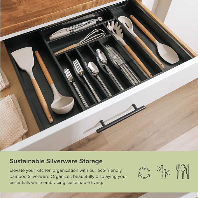 KitchenEdge Silverware & Utensil Drawer Organizer, 14.5-25 in, Black Bamboo | Cutlery, flatware, food-safe contract grade, kitchen drawer fit