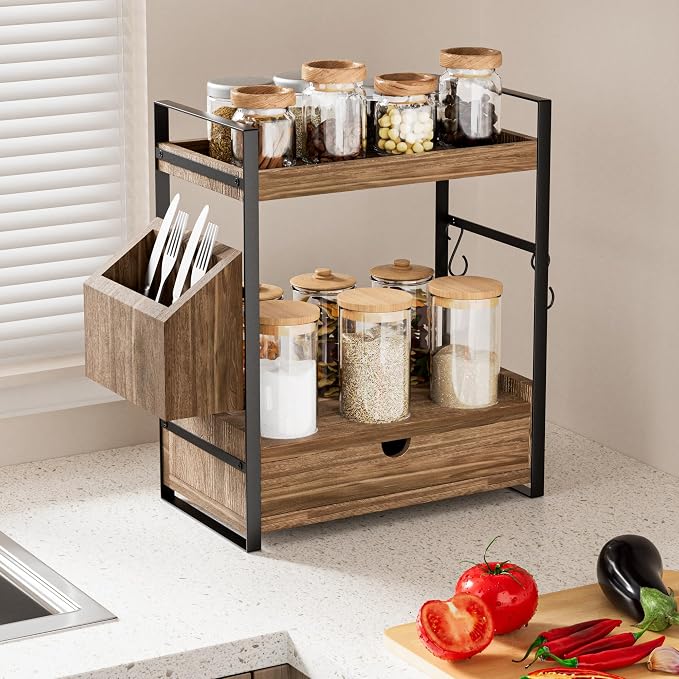 2-Tier Bathroom Counter Organizer, Wooden Vanity Shelf with Drawer & Basket | Pre-Drilled Holes, Skincare & Makeup Countertop Organizer and storage, Dark Brown