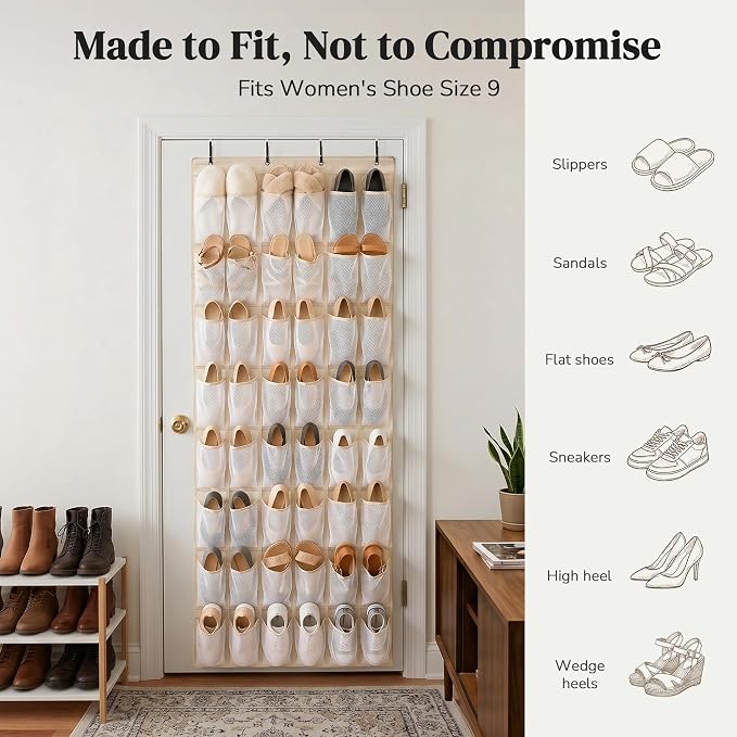 48 Pockets Over the Door Shoe Organizer, Large Mesh Hanging Shoe Rack, 6-Column Heavy Duty Shoe Storage for Sneakers and Heels, Behind Door Holder for Entryway Bedroom Dorm College, Beige