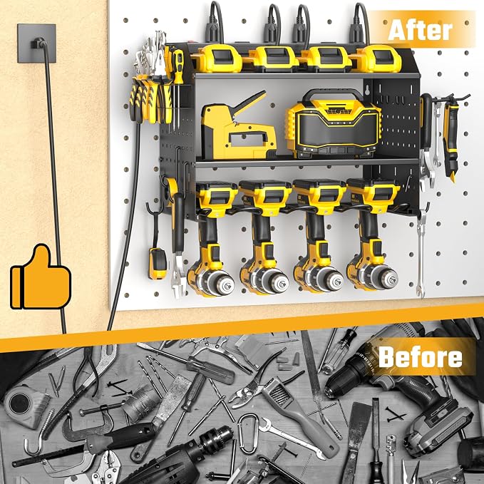 Power Tool Organizer Wall Mount 3 Layer Charging Station with 6 Outlets | Heavy Duty Tool Holder Storage Shelf Rack for Garage, Workbench and Workshop, Black, 4 Drill Holders and Drill Bit Rack,Black