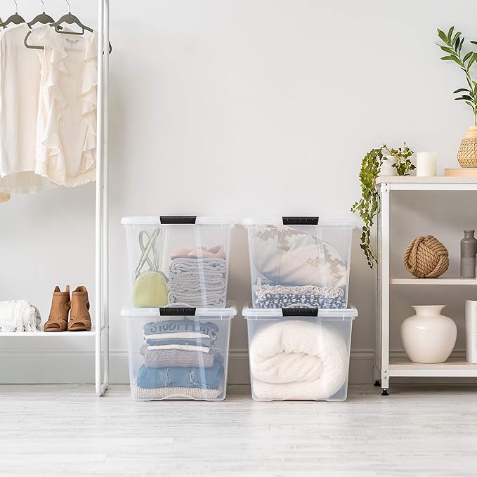 IRIS USA 6-Pack 72 Quart Storage Bins with Lids, Clear | Transparent design makes contents easy to find. Perfect for moving, blankets, clothing, and garage storage. Nestable design