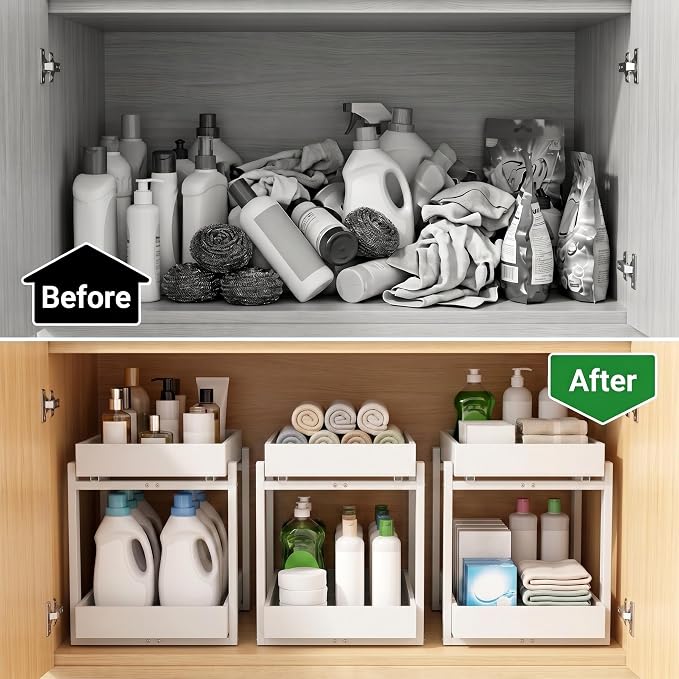 MHXW SXPN Bamboo Under Sink Organizer, 2 Pack Pull Out Cabinet Organizer | 2 Tier Vertical Smooth Slide Out Undersink Storage Shelf | Multi-Purpose Organizer Shelves for Kitchen Bathroom Medicine