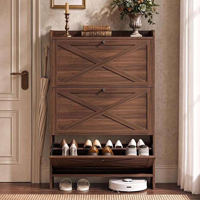 VASAGLE Shoe Storage Cabinet Organizer with 3 Flip Drawers, Freestanding Narrow Shoe Rack Cabinet for Entryway, Farmhouse Style, Fits 14 to 16 Pairs, Chestnut Walnut UHSC303KX01
