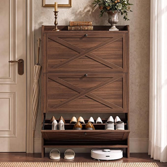 VASAGLE Shoe Storage Cabinet Organizer with 3 Flip Drawers, Freestanding Narrow Shoe Rack Cabinet for Entryway, Farmhouse Style, Fits 14 to 16 Pairs, Chestnut Walnut UHSC303KX01