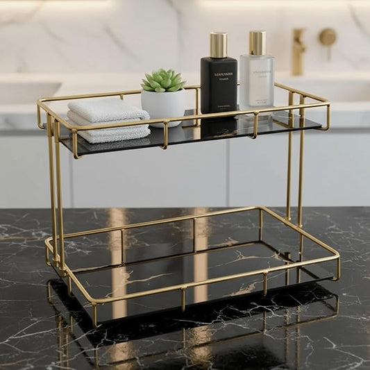 2-Tier Black Marble Bathroom Countertop Organizer – Glass Shelves & Gold Metal Frame, Stylish Vanity Storage Shelf for Perfume, Skincare, Makeup & Toiletries