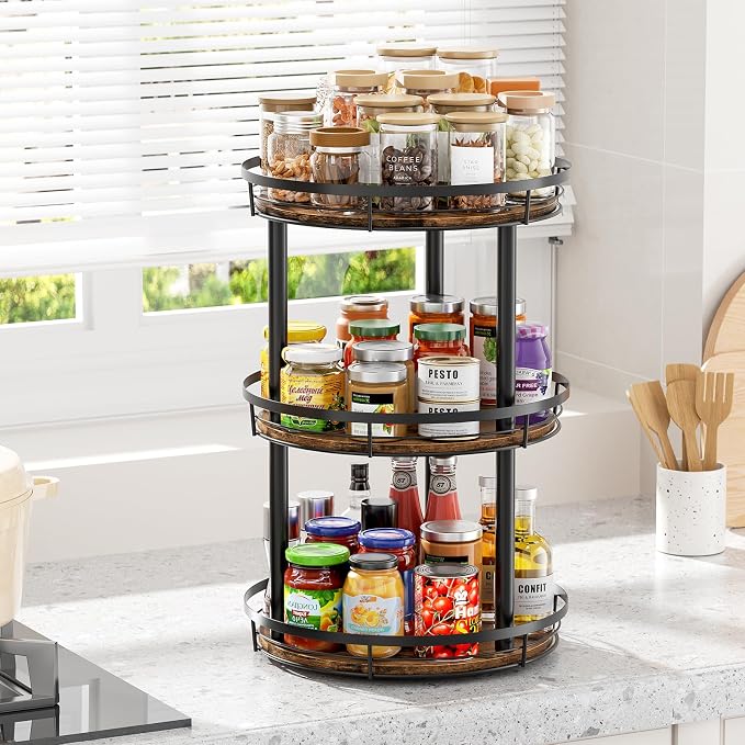 LAMU 12'' Wood Lazy Susan Spice Rack Organizer, 3 Tier Spice Organization for Cabinet, Countertop, Kitchen, Table Top, Pantry, Condiment and Seasoning Rack Organizer