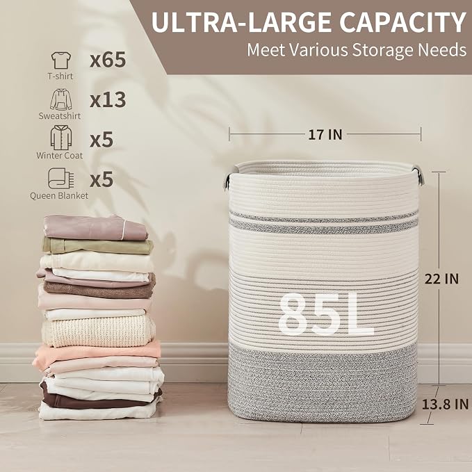 AINUOQI Laundry Basket with Handles - Blanket Basket & Hampers for Bedroom Aesthetic, Laundry Hamper & Blanket Storage for Living Room, Clothes Hamper, Tall, Large 17" x 14" x 22”, Grey & White