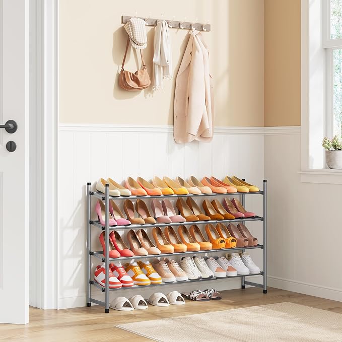 Expandable Shoe Rack for Closet 4 Tier, 28“-41“Stackable, Grey | Adjustable Shoe Organizer Closet Shoe Rack Floor, Metal Shoe Shelf Storage for Entryway, Closet, Garage, Front Door Entrance