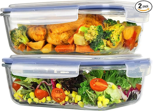 Vtopmart 2Pack 2260ml/76.4oz Extra Large Glass Storage Containers, Blue | Meal Prep Food Container Set with Snap Airtight Lids, Microwave, Oven, Freezer, Dishwasher Safe, Baking, BPA Free