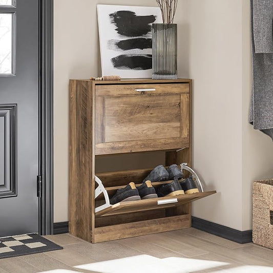 Haotian Shoe Cabinet Storage for Entryway | Narrow Shoe Cabinet with Two Flip Drawers to Save Space, Shoe Rack Cabinet for Front Door Entrance Hallway (Nature)