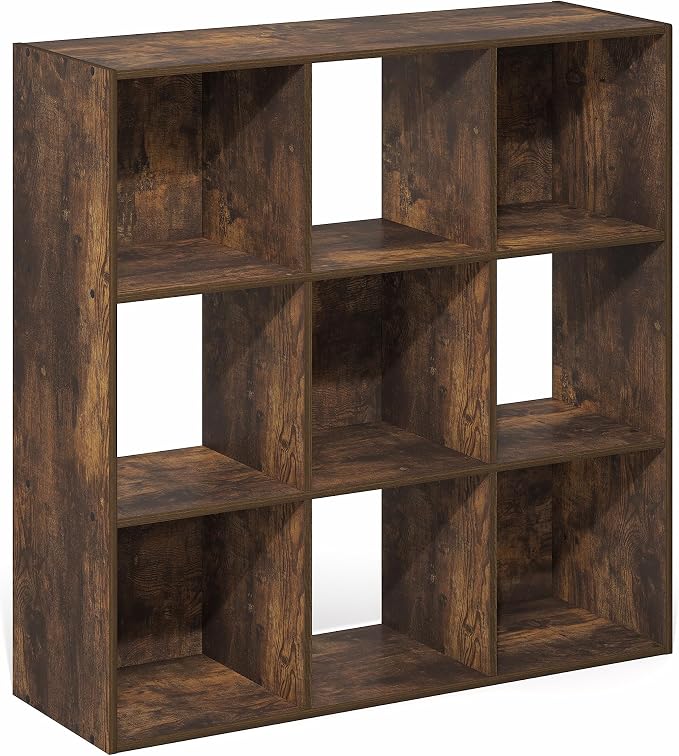 Furinno PELLI Book Shelf, 9-Cube Bookshelf, 3x3 Cube Storage Organizer Bookcase, 11.7 x 35.3 x 35.4, for Organization and Storage, for Living Room, Bedroom, Home Office, Amber Pine