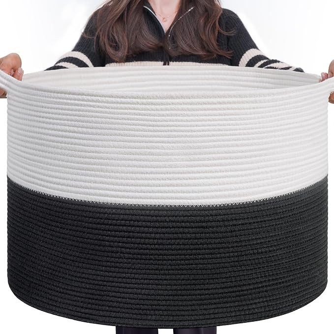 INDRESSME XXXLarge Woven Rope Blanket Basket Living Room White Black, 90L | 21.7" x 13.8" Storage baskets for toys laundry & pillows. Fits living room, bedroom or nursery décor. Soft-touch with handles