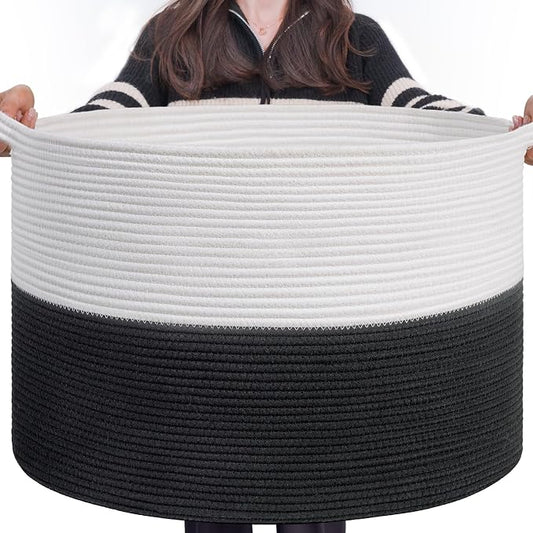 INDRESSME XXXLarge Woven Rope Blanket Basket Living Room White Black, 90L | 21.7" x 13.8" Storage baskets for toys laundry & pillows. Fits living room, bedroom or nursery décor. Soft-touch with handles