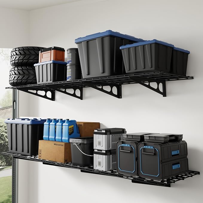 FLEXIMOUNTS 4-Pack 2x4ft Wall Shelf Garage Storage Rack Wall Mounted, Black | 24-inch-by-48-inch Garage Floating Shelves, Total 1200lbs Capacity, Rustproof Seamless Grid Design, Classic Series