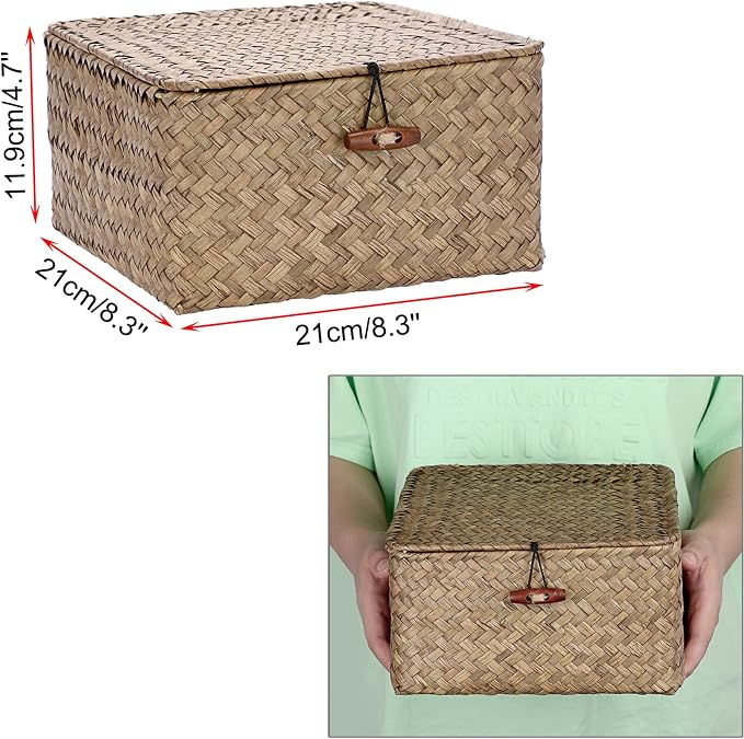 Hipiwe Small Wicker Shelf Baskets Handwoven Seagrass Storage Bin with Lid | Multipurpose Household Basket Boxes Square Basket Container for Shelves and Home Organizer, Coffee