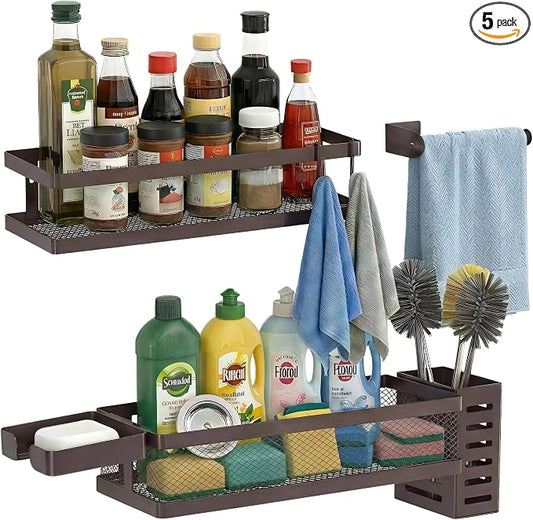 PUSDON 5-in-1 Shower Caddy & Kitchen Organizer Set, Wall Mount Wide Spice Rack with Paper Towel Holder, Utensil Holder, Soap Dish, Rustproof Mesh Baskets Hold 50LBS - Vintage Bronze, Guardrail
