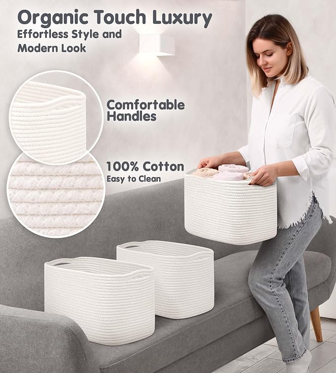 CHAT BLANC Cotton Rope Baskets for Organizing, Shelves, Toys, Storage, Shoe, Bathroom, Laundry, Towel, Nursery, Home Decor, Blanket, Cloth Woven Bins Fabric (Creamy White, 15"x10"x9")