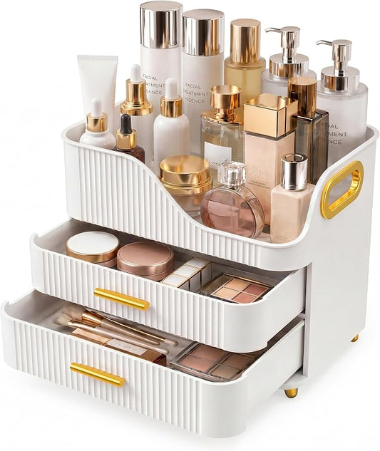 Booklov Large Makeup Organizer for Vanity, Bathroom Countertop, White | Plastic Cosmetic Display Case with Drawers, Beauty Brush Holder for Dresser Counter Skincare Eyeshadow Lipstick Storage